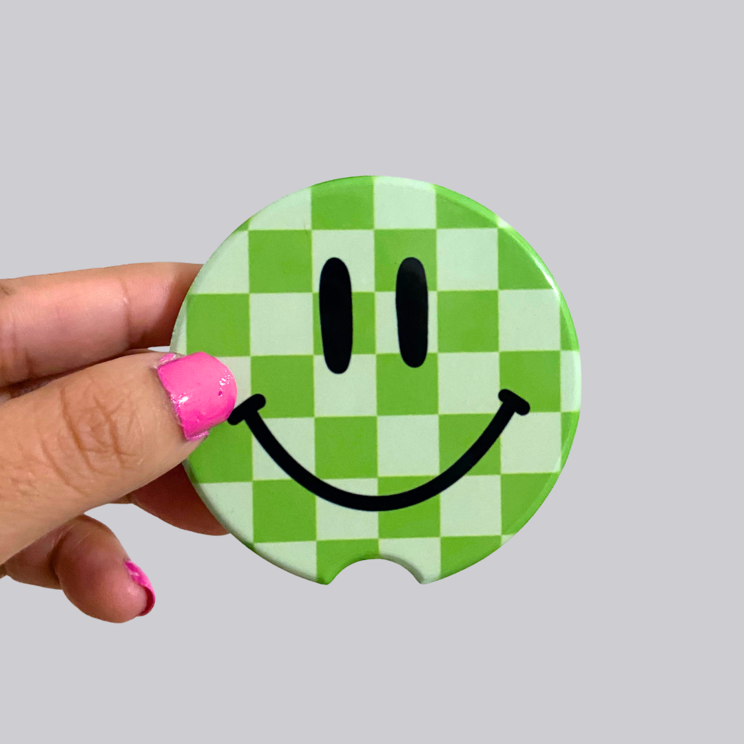 Smiley Face Checker Ceramic Car Coasters