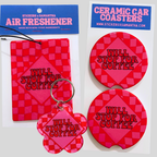 Will Stop For Coffee Air Freshener, Car Coasters and Keychain Bundle
