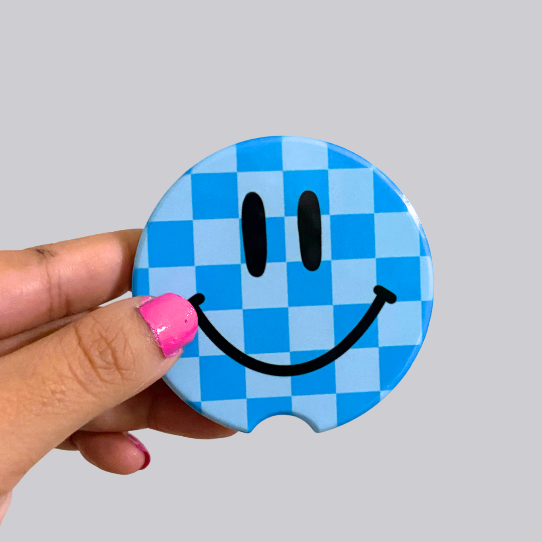 Smiley Face Checker Ceramic Car Coasters