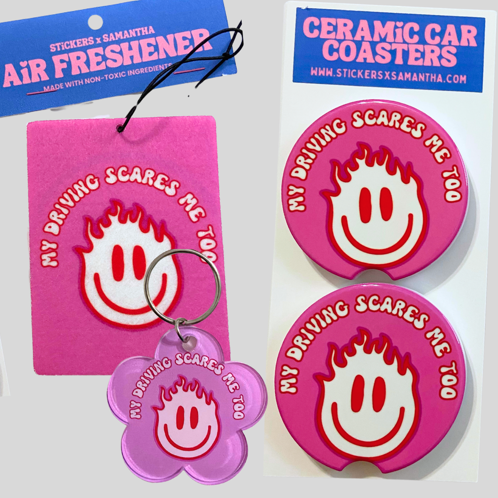 My Driving Scares Me Too Air Freshener, Car Coasters and Keychain Bundle