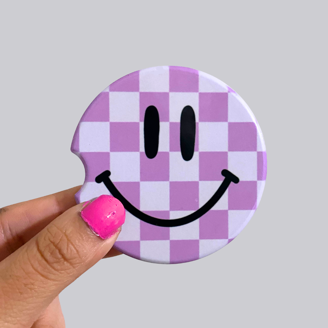 Smiley Face Checker Ceramic Car Coasters