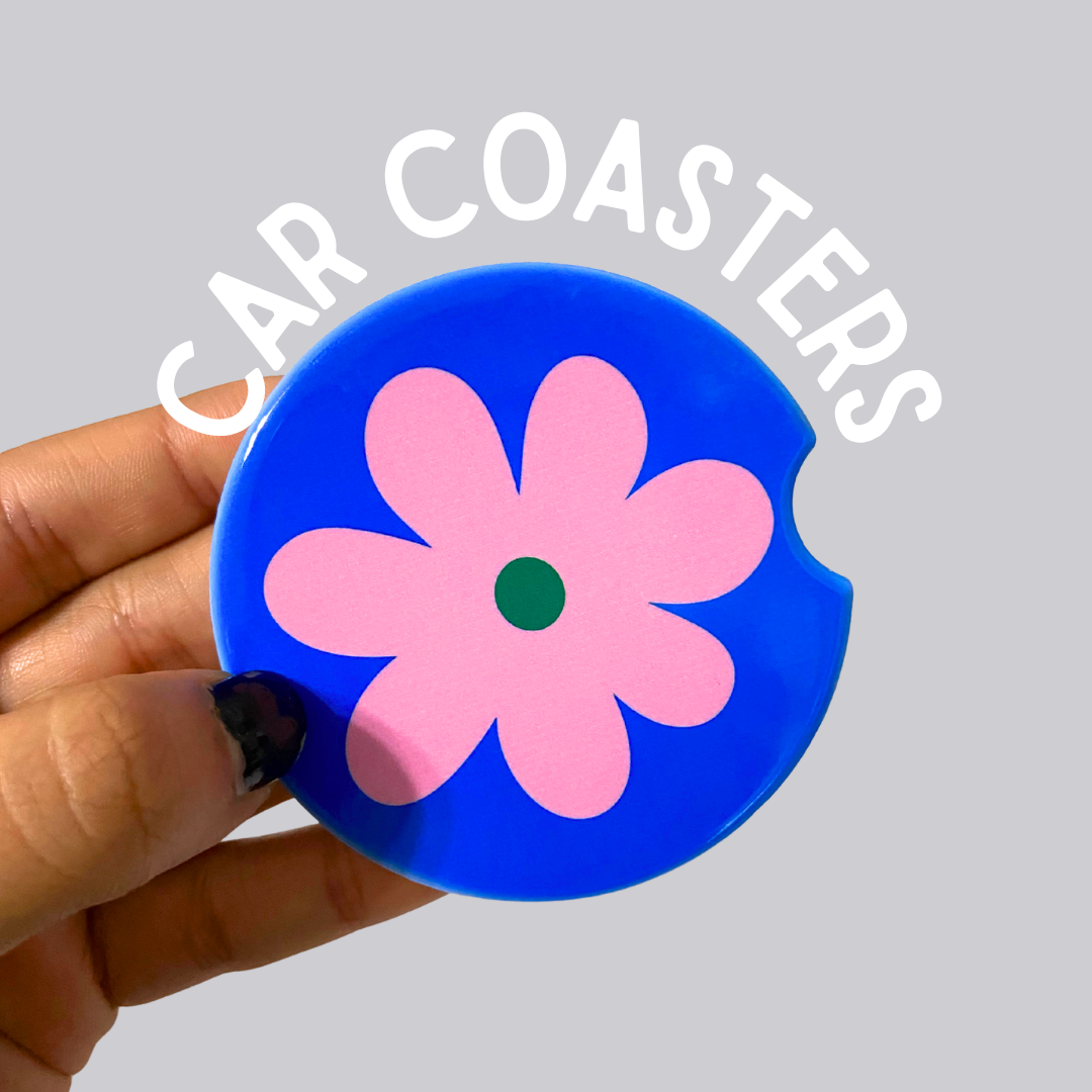 Blue & Pink Flower Ceramic Car Coasters