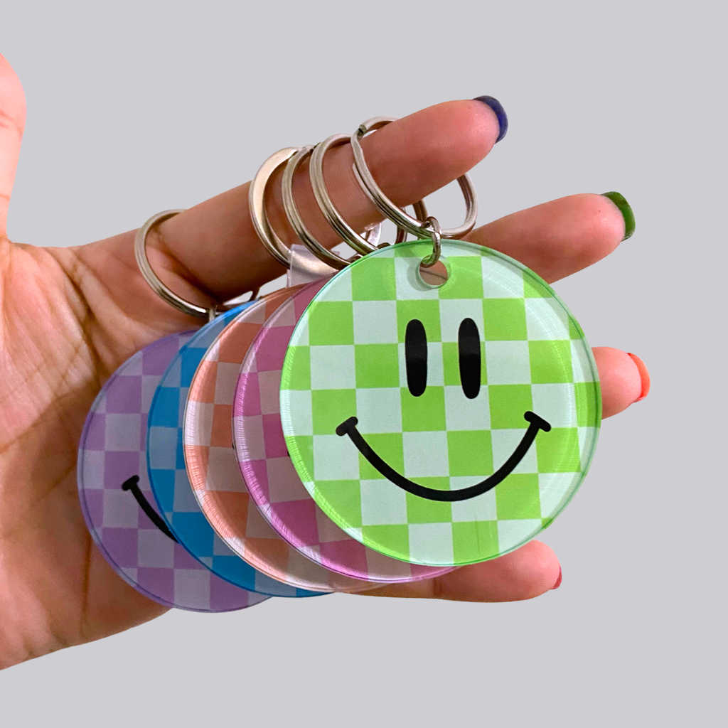 Smiley Face Checker Circle Acrylic Keychain