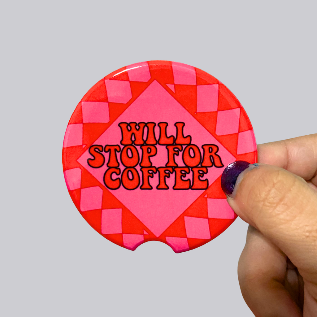Will Stop For Coffee Air Freshener, Car Coasters and Keychain Bundle