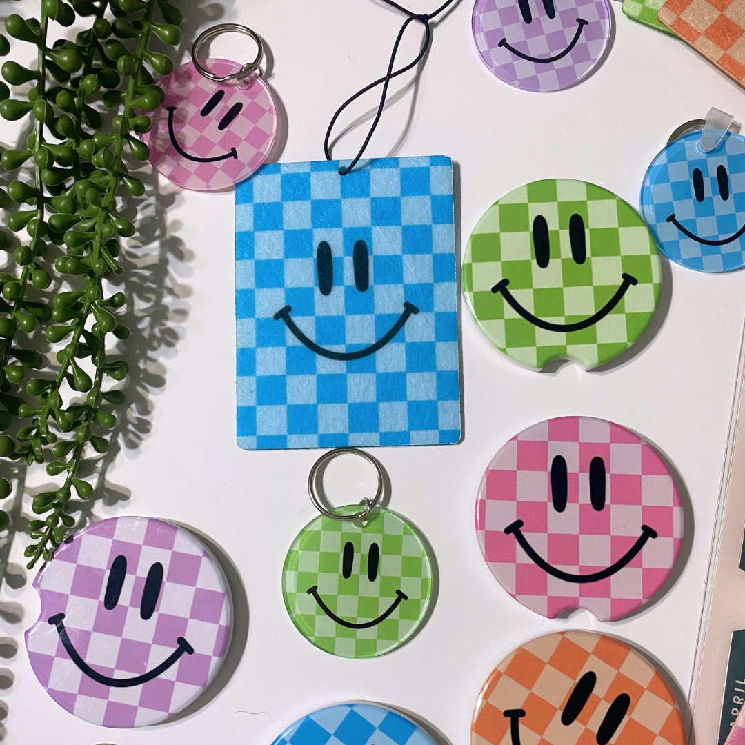 Smiley Face Checker Car Bundle | Air Freshener, Car Coaster Set and Keychain