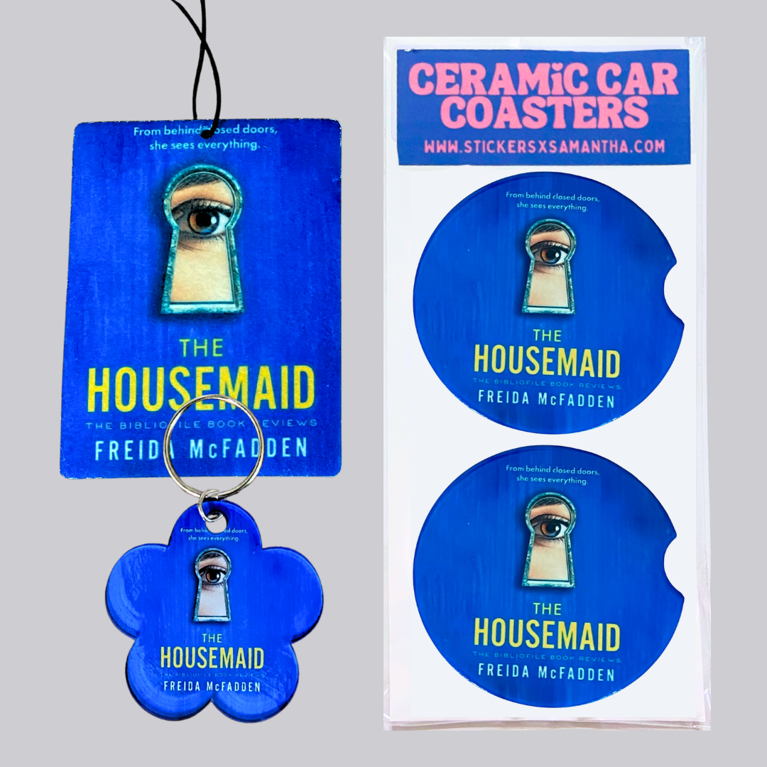Book Cover Car Accessory Bundle | Set of Car Coasters, Air Freshener and Acrylic Keychain