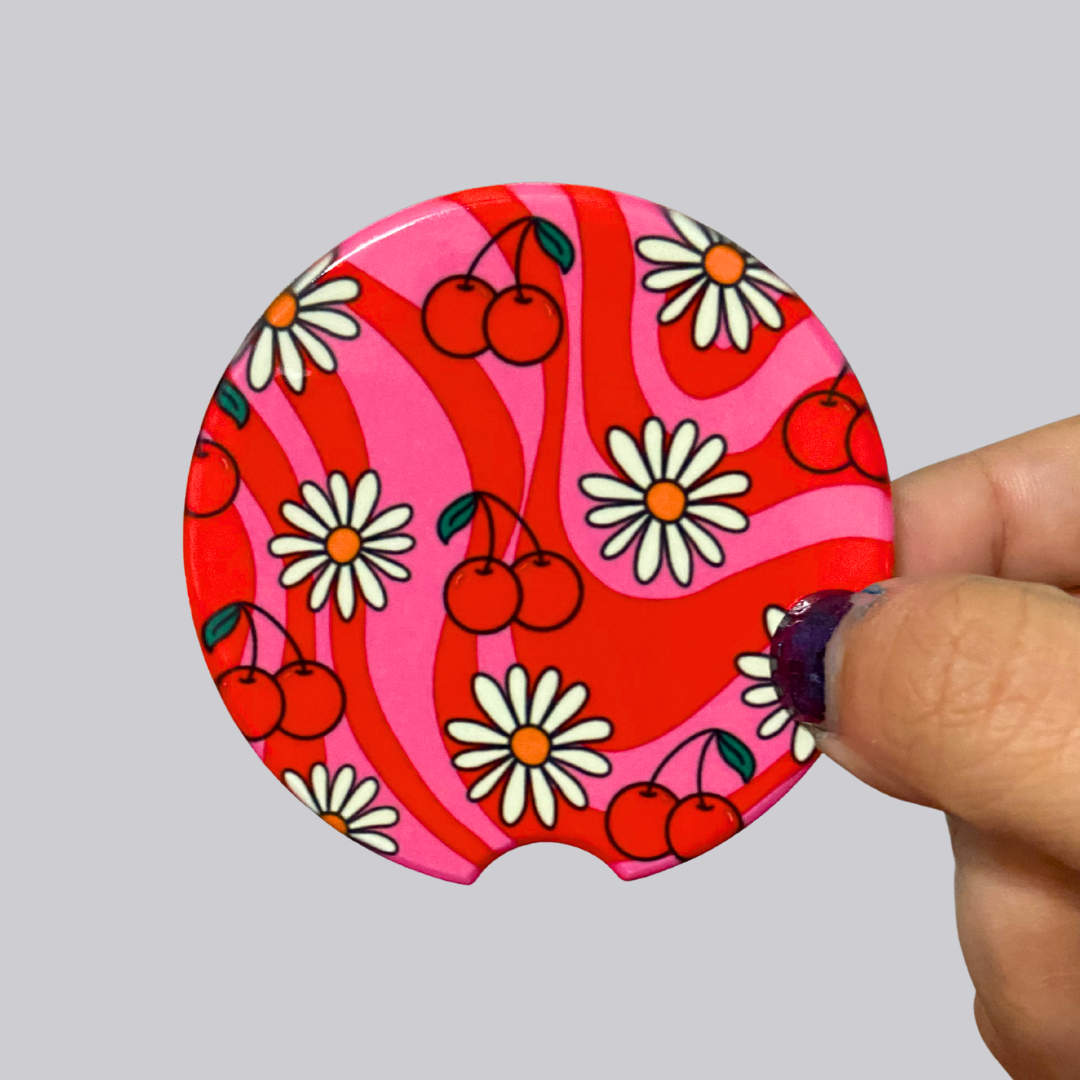 Cherry Daisy Ceramic Car Coasters