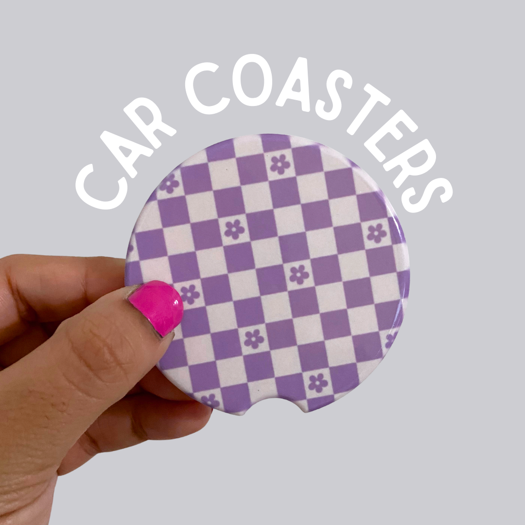 Purple Floral Checker Ceramic Car Coasters