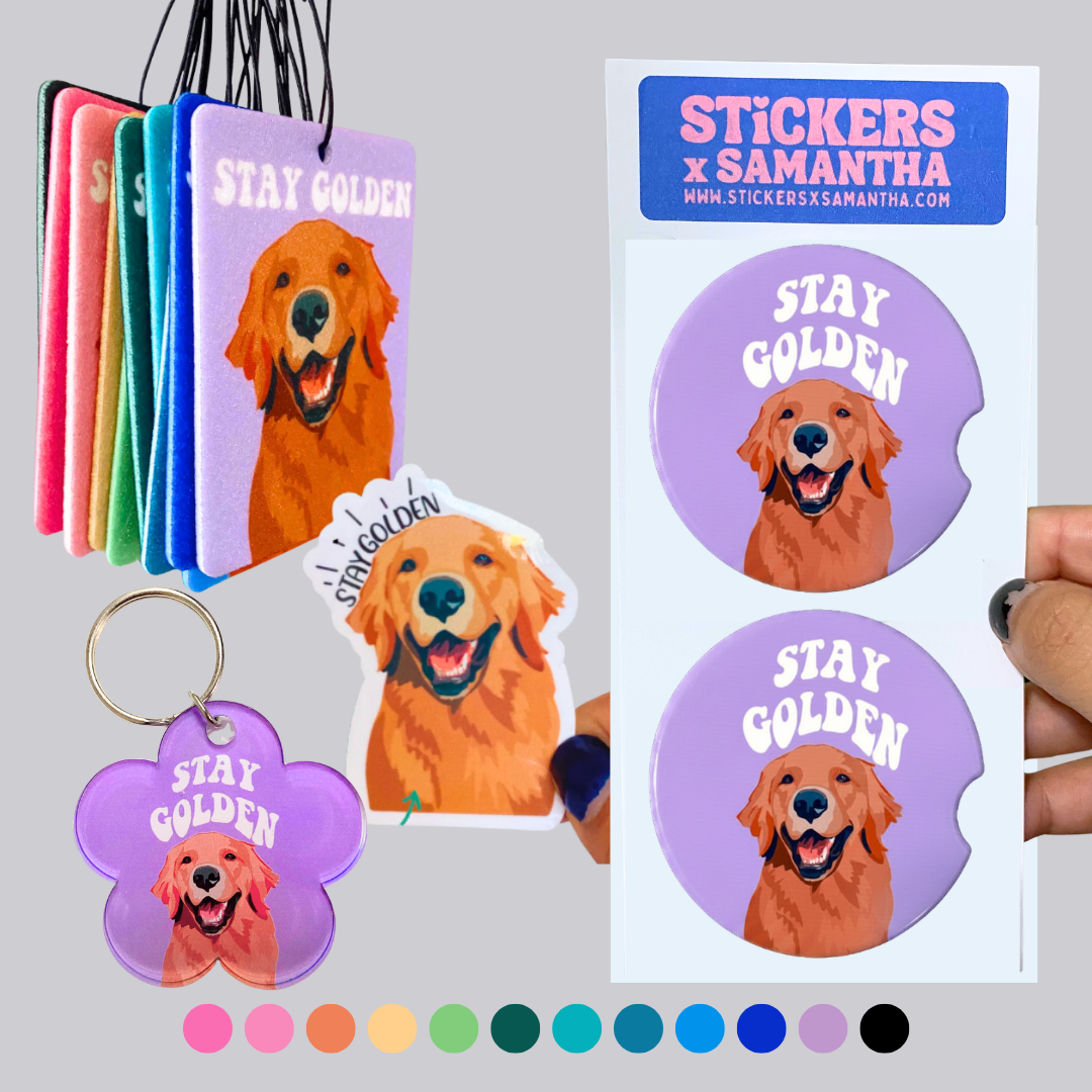 Stay Golden Ultimate Golden Retriever Car Decor Bundle Set | Ceramic Coasters, Air Freshener, Waterproof Sticker (Copy)