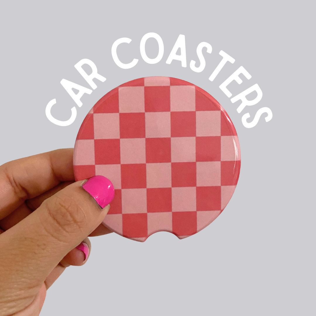 Coral Checker Ceramic Car Coasters