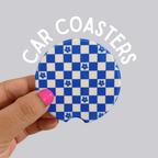 Blue Floral Checker Ceramic Car Coasters