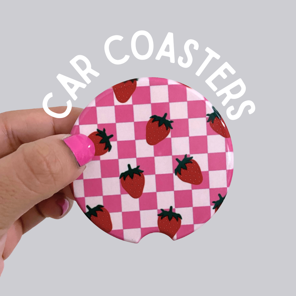 Pink Strawberry Checker Ceramic Car Coasters