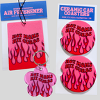 Hot Moms Hit Curbs Air Freshener, Car Coasters and Keychain Bundle