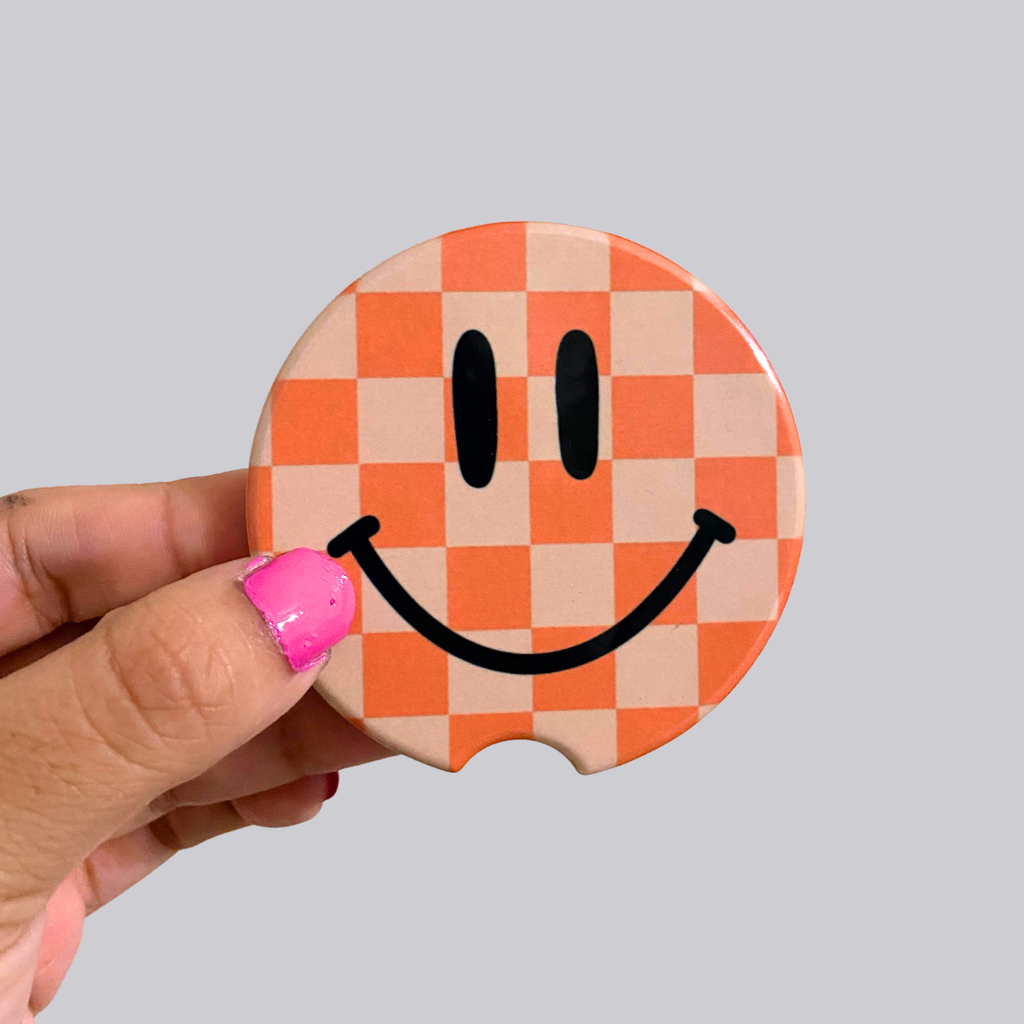 Smiley Face Checker Ceramic Car Coasters