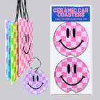 Smiley Face Checker Car Bundle | Air Freshener, Car Coaster Set and Keychain