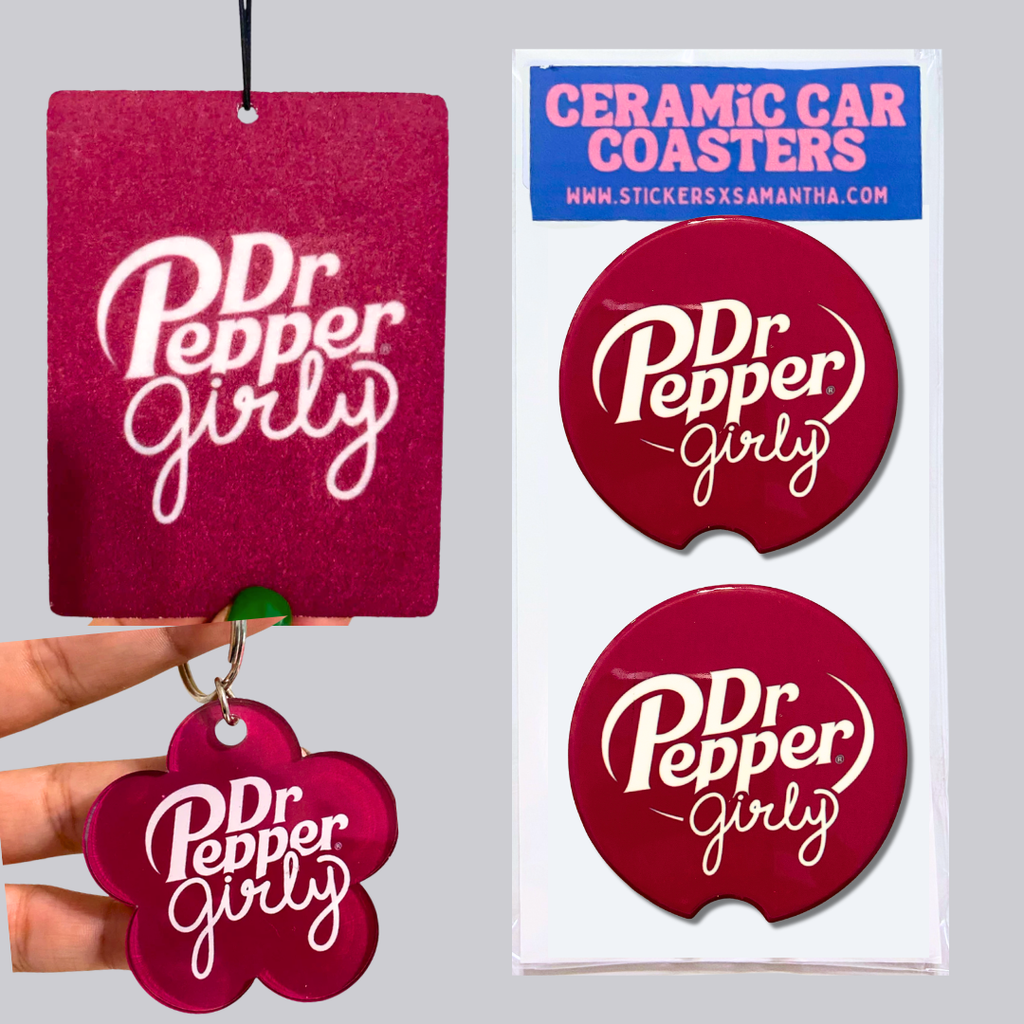 Dr. Soda Girly Car Accessory Bundle  | Keychain, Car Coaster Set and Air Freshener Fragrance